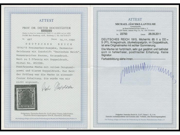 5 Pfg. opalgrün, mit klarem Doppeldrucke, postfrisch, Kabinett, Fotoattest Jäschke-L. BPP