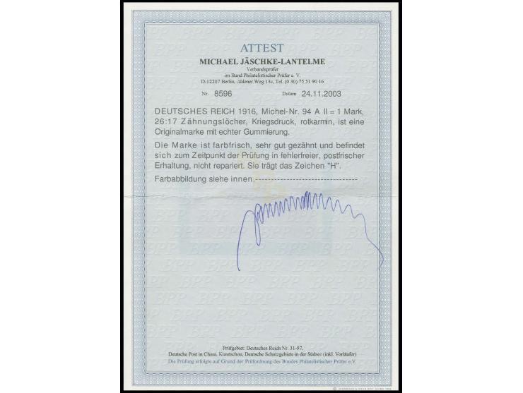 1 M. postfrisch, Kabinett, sign. "H" und Fotoattest Jäschke-L. BPP