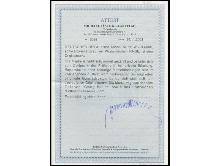 3 M. schwarzviolettgrau, Wasserzeichen Ringe, ungebraucht mit verlaufener Originalgummierung, tadellos, sign. Bühler und Hoff