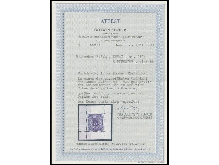 Essay 5 Pfge. violett im gezähnten Kleinbogen auf weißem Papier, ungebraucht und ohne Gummi, Pracht, Fotoattest Zenker BPP