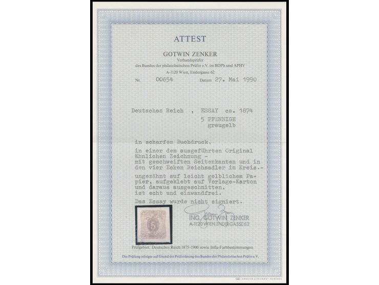Essay 5 Pfge. graugelb mit geschweiften Seitenkanten auf leicht gelblichem Papier aus Vorlagekarton ausgeschnitten, Pracht, F
