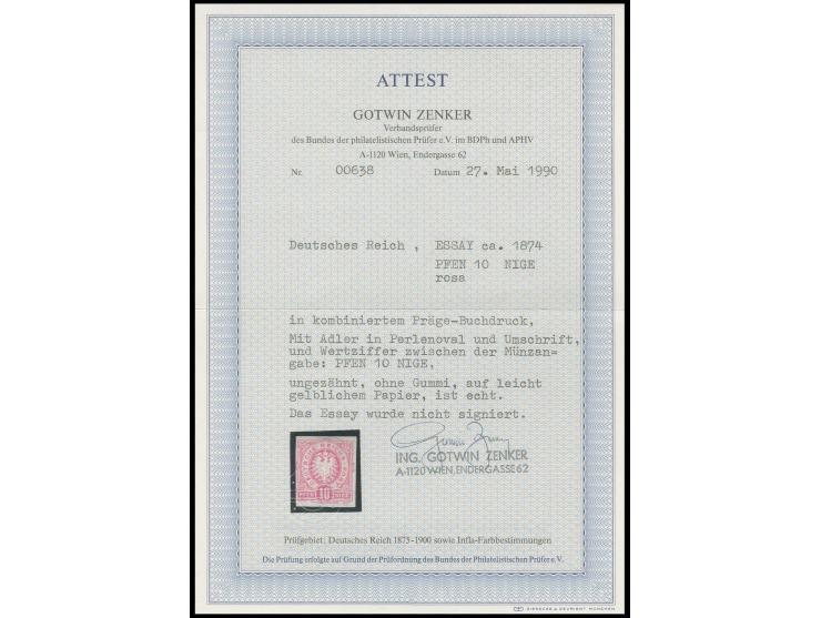 Essay 10 Pfge. rosa mit Wertziffer unten in der Mitte, ungezähnt auf leicht gelblichem Papier, ungebraucht ohne Gummi, Fotoat
