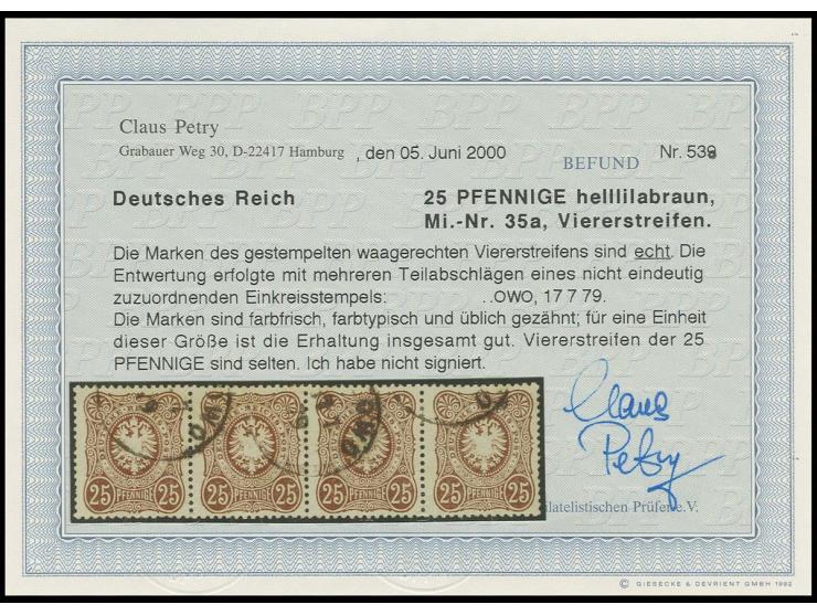 25 Pfge. helllilabraun im waagerechten 4er-Streifen, gestempelt, Pracht, Fotobefund Petry BPP