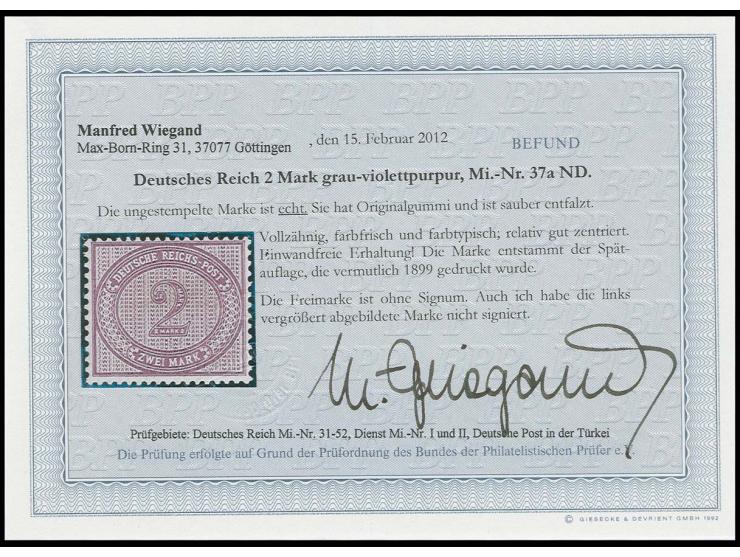 2 M. grau-violettpurpur, farbfrisch und relativ gut zentiert, sauber ungebraucht, einwandfrei, Befund Wiegand BPP