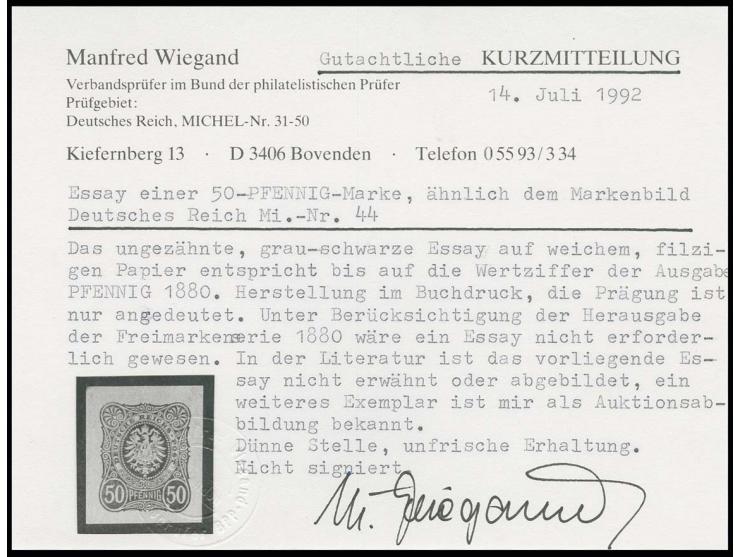 50 Pfg. schwarz, Essay in der Zeichnung der endgültigen Ausgabe mit unterschiedlicher Wertziffer auf weichem, filzigem Papier