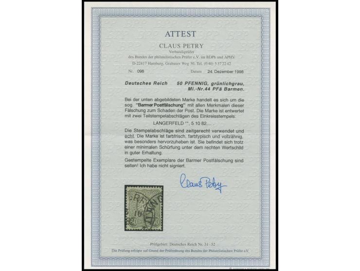 50 Pfg. grünlichgrau, Barmer Postfälschung, sauber gestempelt "LANGERFELD 5 10 82", bis auf eine minimale Schürfung in sehr g