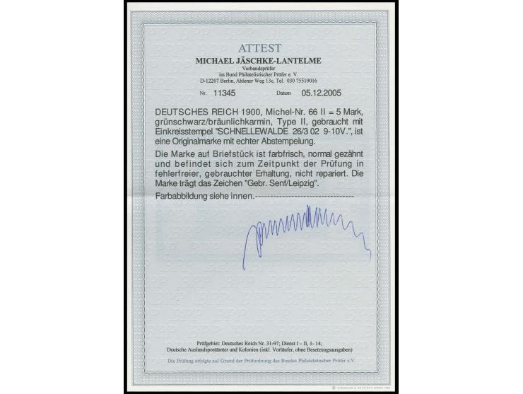 5 M., mit EKr. "SCHNELLEWALDE 23.3.02" auf Briefstück, Kabinett, Fotoattest Jäschke-L. BPP