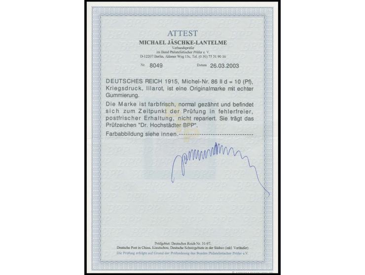 10 Pfg. lilarot, postfrisch, Kabinett, sign. Hochstädter BPP und Fotoattest Jäschke-L. BPP