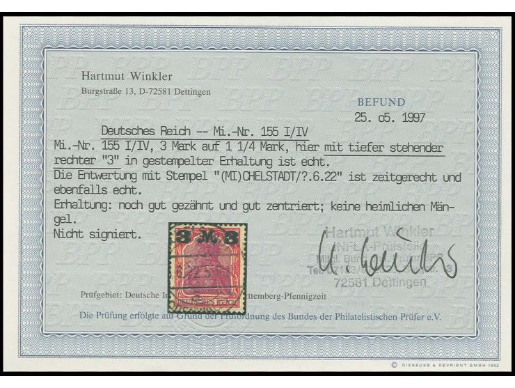 3 M. auf 1 1/4 M. kaminrot/dunkelkarminlila mit Aufdruckfehler "rechte Wertziffer 3 tieferstehehend", sauber gestempelt, Zähn