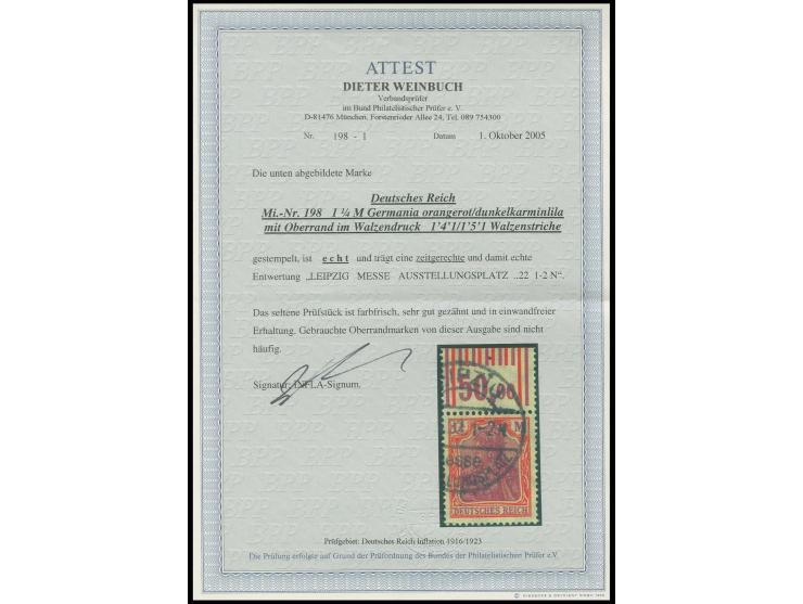 1 1/4 M. orangerot/dunkelkarminlila, mit Walzen-Oberrand "1'4'1/1'5'1", sauber gestempelt, Kabinett, Fotoattest Weinbuch BPP 