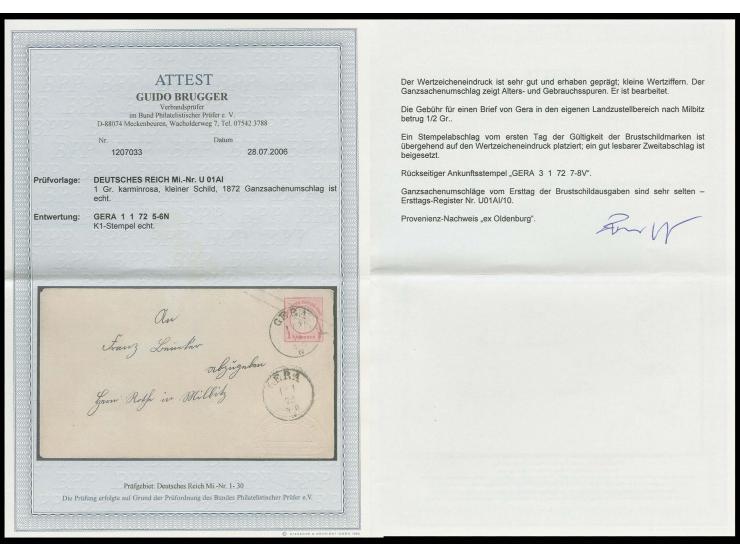 1872, Umschlag 1 Gr. kleiner Schild mit zweifach voll und klar abgeschlagenem Ersttags-EKr. "GERA 1 1 72" nach Milbitz, etwas