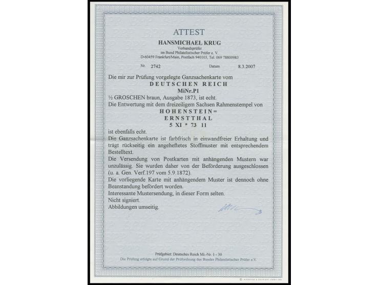 1873, Karte ½ Gr. mit Sachsen-Ra3 "HOHENSTEIN = ERNSTTHAL 5 XI 73" nach Glauchau mit rückseitig angeheftetem Stoffmuster mit 