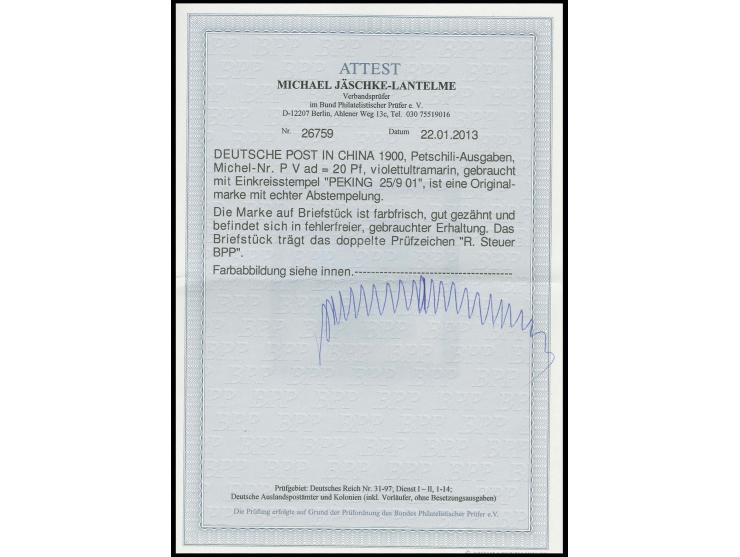 20 Pfg. violettultramarin mit EKr. "PEKING DP 25.9.01", Kabinett, Fotoattest Jäschke-L. BPP (Mi. 1.500,-)