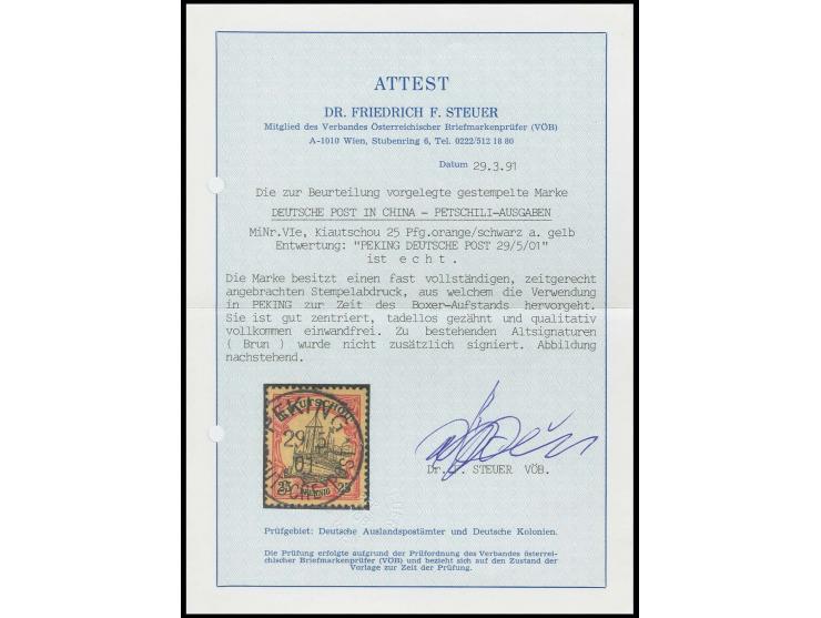 Kiautschou 25 Pfg. mit klarem Stempel "PEKING DP 29.5.01", Kabinett, Fotoattest Dr. F. Steuer BPP (Mi. 1.100,-)