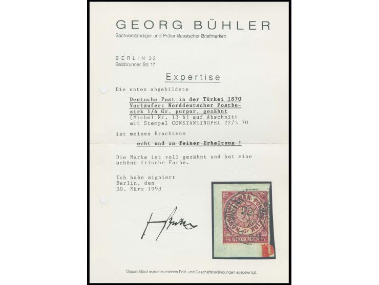 Vorläufer NDP: 1/4 Gr. lebhaftbräunlichlila mit EKr. "CONSTANTINOPEL N.P.A. 22.3.70" auf Briefstück, farbfrisch, ein vermeint