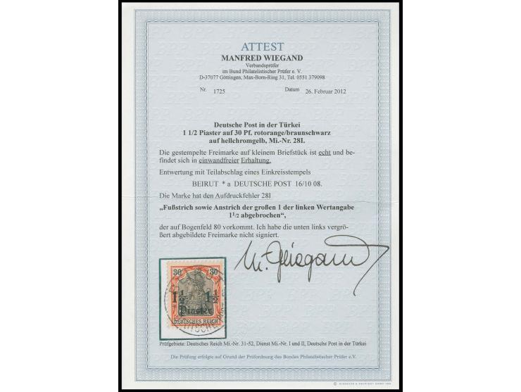 1905, 1½ Pia. mit Aufdruckfehler "Fußstrich sowie Anstrich der großen 1 der linken Wertangabe 1½ gebrochen", sauber mit Stemp