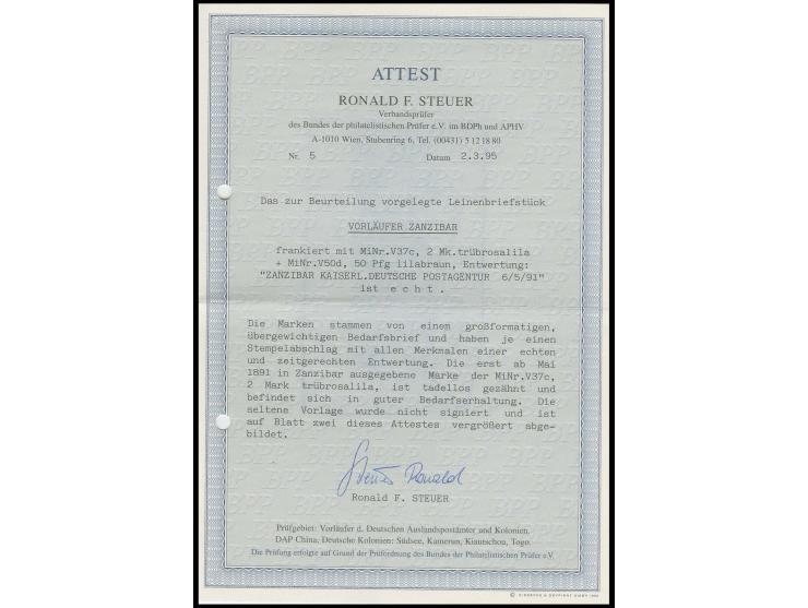ZANZIBAR: 2 M. mittelrosalila und Krone/Adler 50 Pfg. lebhaftrötlichbraun mit Stempel "ZANZIBAR KDPAg 6.5.91" auf  Leinenbrie