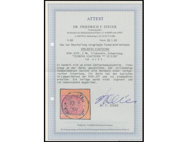 Vorläufer: 2 M. lilakarmin mit Stempel "TSINGTAU KIAUTSCHOU ** 22.2.00" auf Postanweisungsausschnitt, Kabinett, Fotoattest Dr