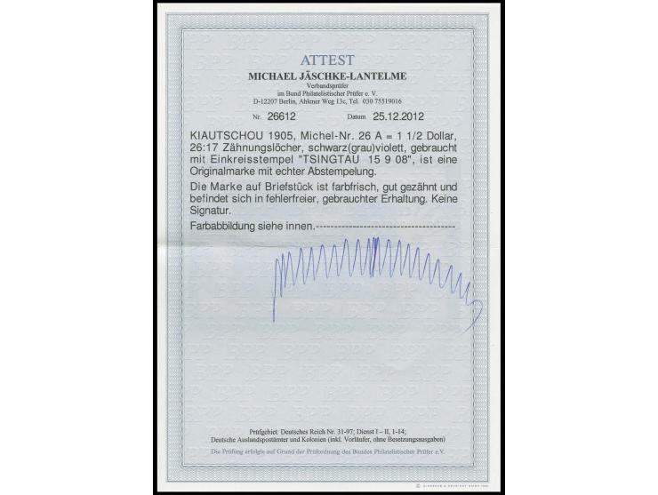 1½ $ mit 2 sauberen Stempeln "TSINGTAU 15 9 08" auf Briefstück, Kabinett, Fotoattest Jäschke-L. BPP (Mi. 2.000,-)