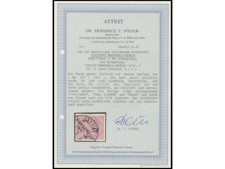 Vorläufer: 2 M. braunpurpur mit Stempel "JALUIT MARSCHALL-INSELN 3.5.(92)" auf Briefstück, Kabinett, u.a. sign. v.Willmann un