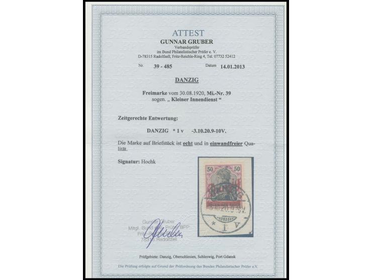 50 Pfg. mit Stempel "Danzig 1v 3.10.20" auf Briefstück, Pracht, Fotoattest Gruber BPP (Mi.1.000,-)
 
 