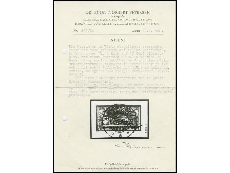 1922, Flugpost, 3 M. auf 60 C. mit sauberem Stempel "STONISCHEN 1.9.22" auf Briefstück, Kabinett, sign. Petersen mit Fotoatte