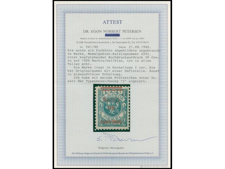 30 C. auf 1000 M. mit kopfstehendem Aufdruck, sauber ungbraucht, Kabinett, sign. Dr. Petersen BPP mit Fotoattest