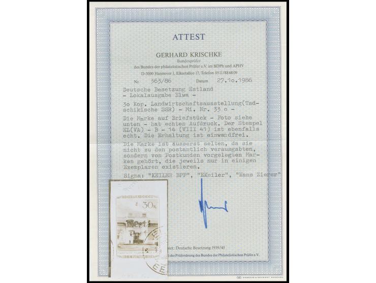 Tadschikische SSR 30 K. mit sauberem Stempel "EL(VA) 14 (VIII 41) auf Briefstück, Kabinett, u.a. sign. Keiler und Fotoattest 