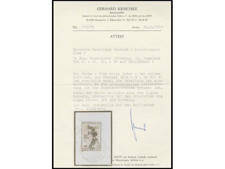 Denkmal für die Helden von Perekop 10 K. mit sauberem Stempel "ELVA B 24 VII 41" auf Briefstück, Kabinett, bisher sind wenige
