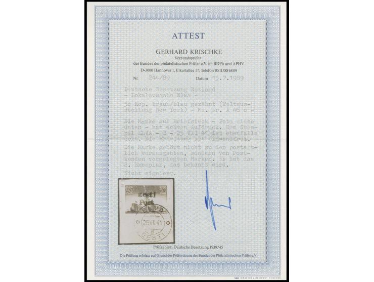 Sowjetischer Ausstellungspavillon 50 K. mit sauberem Stempel "ELVA B 25 VII 41" auf kleinem Briefstück, Kabinett, bisher sind