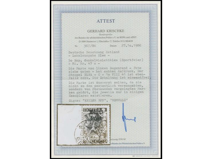 Sportfeier 50 K. mit linkem Bogenrand, mit sauberem Stempel "ELVA C 10 VIII 41", Kabinett, Auflage nur 65 Stück, u.a. Nemvalz