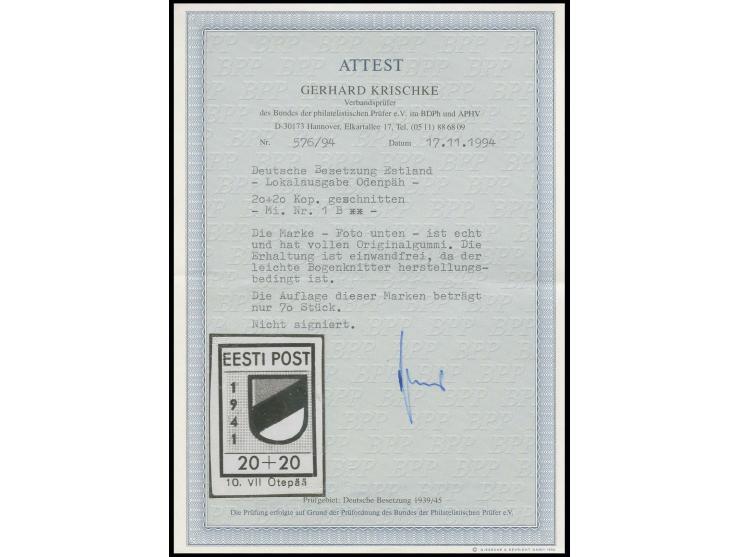 geschnitten: 20 K., ungezähnt, postfrisch mit leichtem, herstellungsbedingten Bogenknitter, Kabinett, Fotoattest Krischke BPP