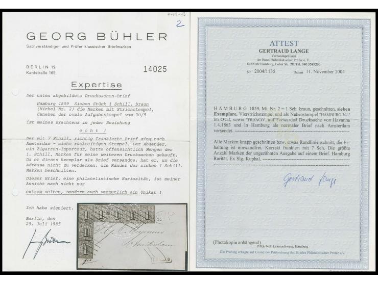 NIEDERLANDE: 1859, 1 Schilling braun, 7 Einzelwerte, alle in ungewöhnlicher eng geschnitten, jedoch meist vollrandig, teils R