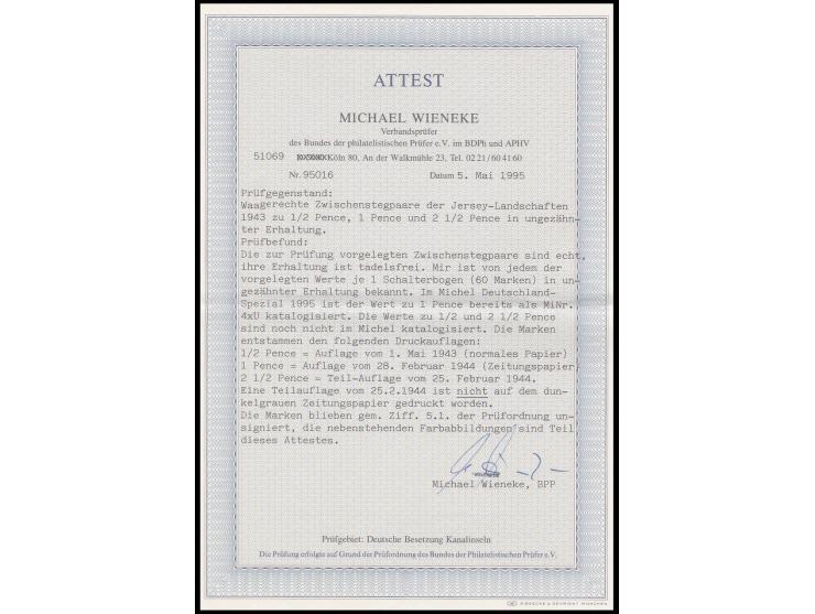 1943, 1 P. rot im waagerechten Zwischenstegpaar, ungezähnt, postfrisch, unsigniert, Kabinett, sehr selten, Kopie Attest M. Wi