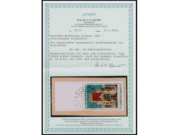 Pavillon 30 K., sauber mit klarem Stempel "ALSEDZIAI 14.8.41" auf kleinem Briefstück, Kabinett, Fotoattest Klein