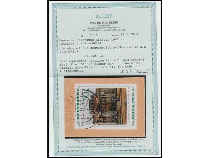 Weissrussische SSR 30 K., sauber mit klarem Stempel "ALSEDZIAI 14.8.41" auf kleinem Briefstück, Kabinett, Fotoattest Klein