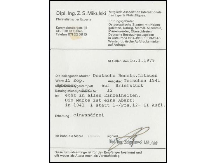Ferner Osten 15 K.,  Type III mit Aufdruckfehler "194i statt 1941", mit Stempel auf Briefstück, Kabinett, u.a. sign. Mikulski