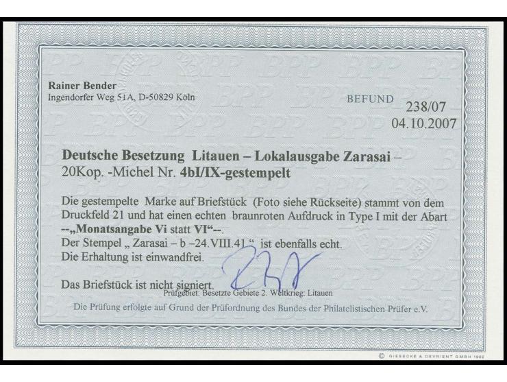 20 und 30 K. (Aufdruck schwarz) je mit Aufdruckfehler "Vi statt VI", je sauber mit Stempel "ZARASAI 24.VIII.41" auf Briefstüc