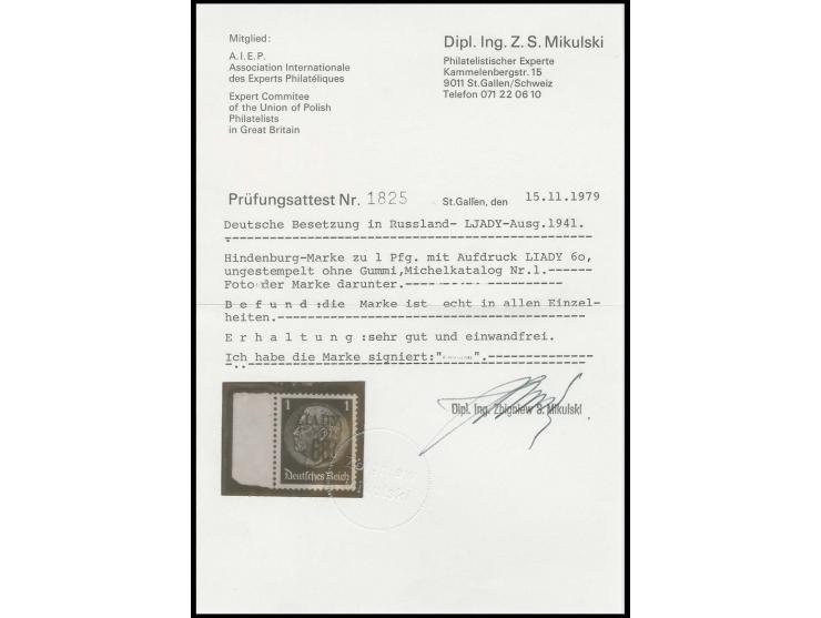 1941, Hindenburg 1 Pfg. mit schwarzviolettem Aufdruck, linkes Randstück, ungebraucht ohne Gummi, einwandfrei (Rand mit roter 