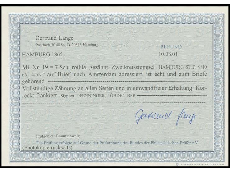 1865, 7 Schilling lila, farbfrisch und gut gezähnt mit klar aufgesetztem blauen DKr. "HAMBURG ST. P. 9/10 66" auf Faltbrief n