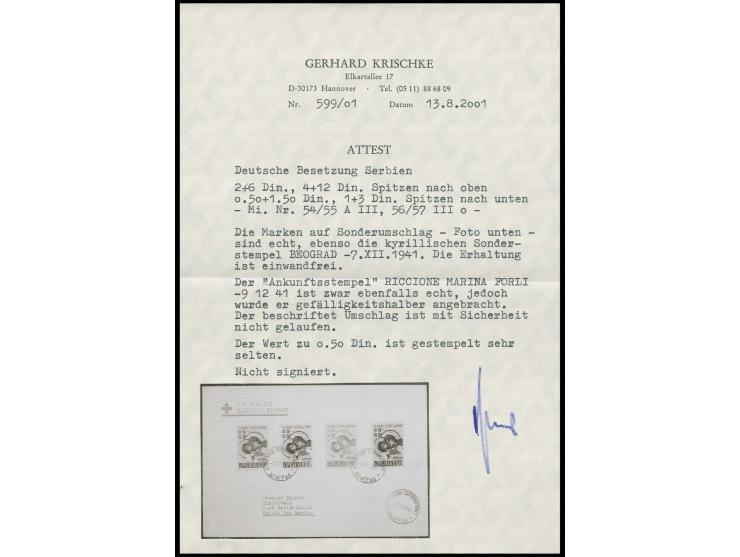 Serbische Kriegsgefangene 0.50 - 4 Din. mit Stempeln "BEOGRAD -7.XII,1941 auf adressiertem Umschlag, mit gefälligkeitshalber 