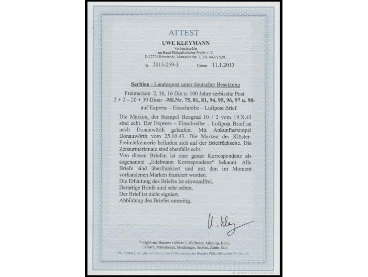 100 Jahre serbische Post 3-50 Din. mit rotem Stempel "BEOGRAD 15-X-1943" mit rückseitiger Zufrankatur auf eingeschriebenem Lu