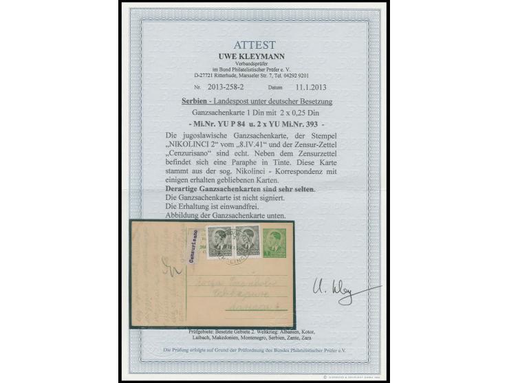 GANZSACHEN: 1941, Jugoslawien 0.25 Din. schwarz im waagerechtem Paar mit Stempel "NIKOLINCI  8.IV.41" als Zufrankatur auf Gan