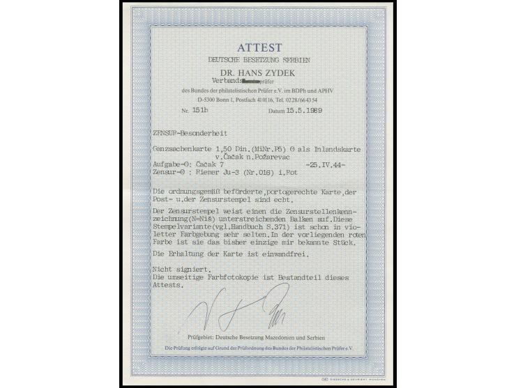 1942, Karte 1,50 Din. grün mit Stempel "CACAK 25.IV.44"  nach Pozarevac, mit sehr seltenem rotem Zensurstempel, gute Erhaltun