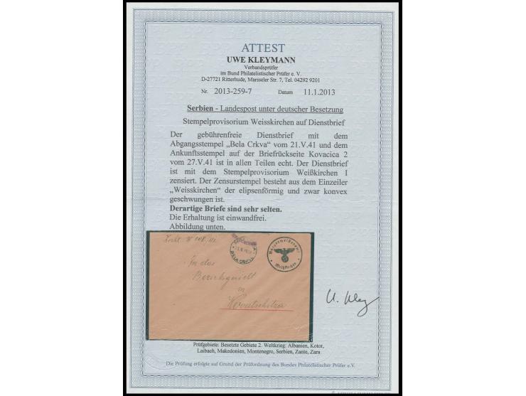 DIVERSES: 1941, gebührenfreier Dienstbrief ab "BELA CRKVA 21 V.41" nach Kovacica mit rückseitigem Ankunftsstempel, mit geschw