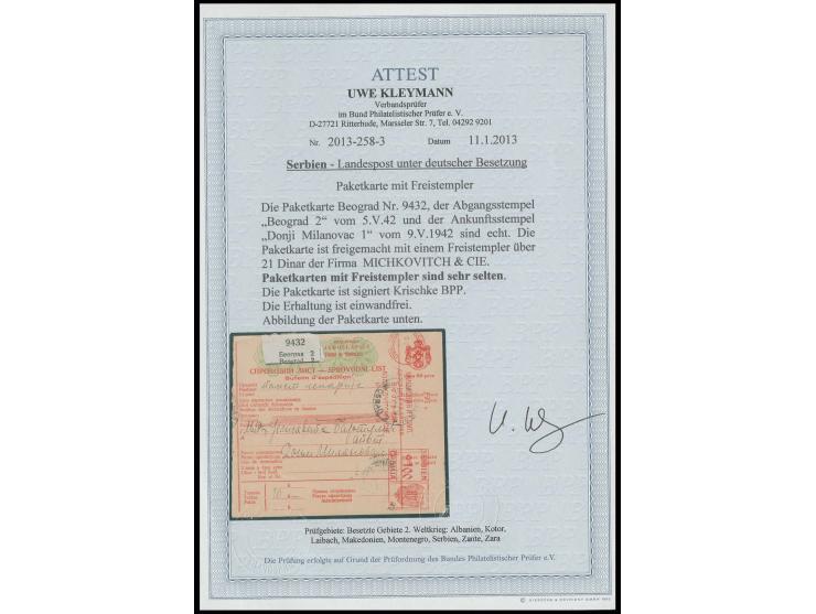1942, 21 Din. Absenderfreistempel der Firma "MICHKOVITCH & CIE" auf kompletter Paketkarte von "BEOGRAD 5.V.42" nach "DONJI MI