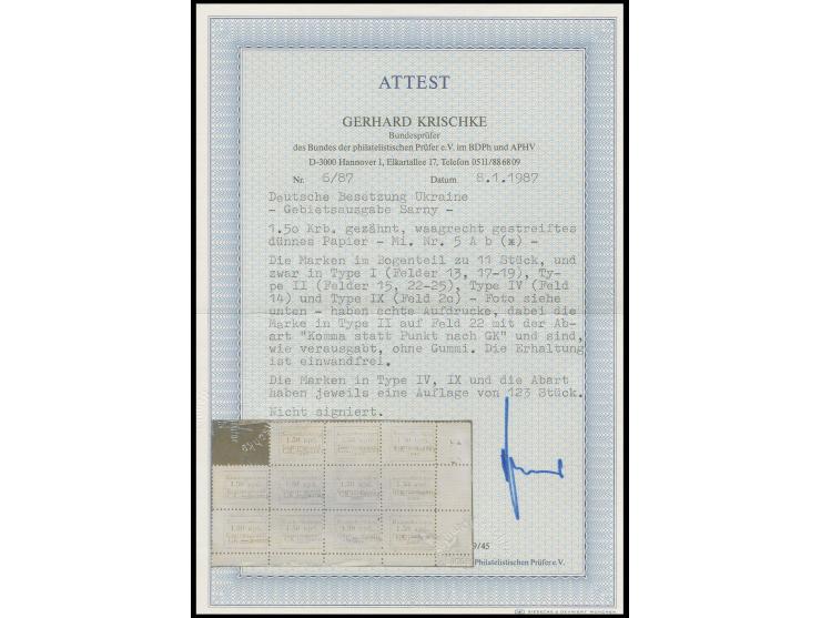 Mit Aufdruck: 1.50 Krb. auf hellbraun, 11er-Bogenteil aus der rechten unteren Bogenecke mit den Feldern 13, 17-19, 15 und 22-