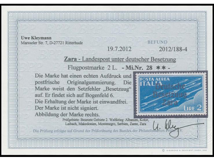 1943, Flugpostmarke 2 L. mit  Setzfehler "Besetzuug" (Bogenfeld 6), postfrisch, Kabinett, Fotobefund Kleymann BPP