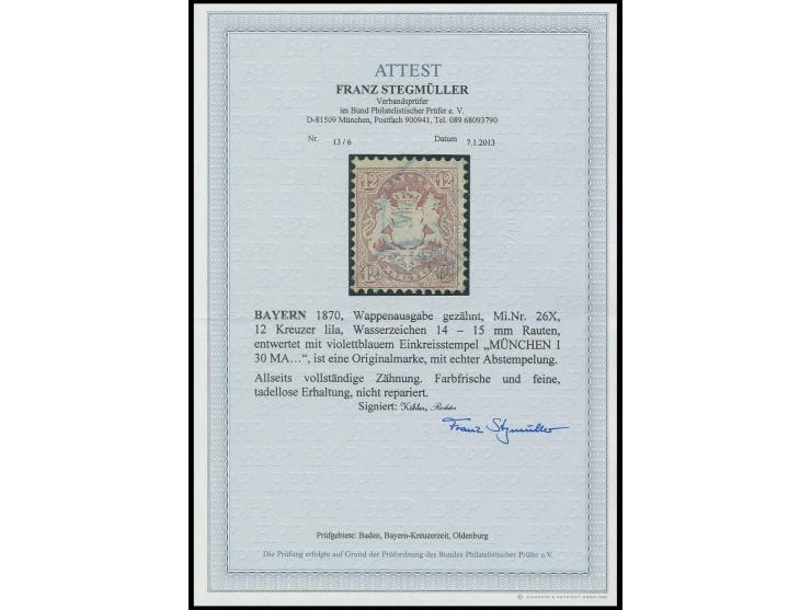 12 Kr. lila, farbfrisch und einwandfrei gezähnt mit violettblauem EKr. von München, Kabinett, u.a. sign. Köhler und Fotoattes