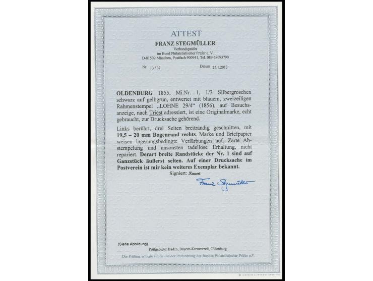 1852, Wappenausgabe 1/3 Sgr. auf grün, links in der Randlinie leicht berührt, sonst breit- bis überrandig, rechts mit 19,5 / 